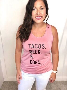 Pink Graphic Tank Top with Black Text-Tacos Beer & Dogs